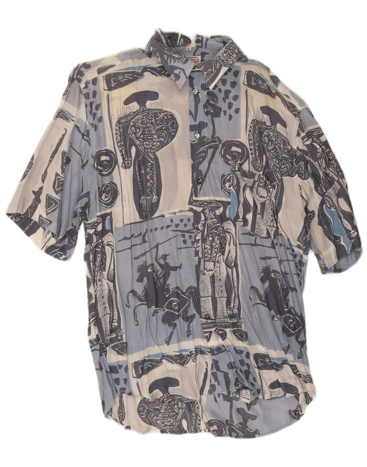 Camicia a maniche corte grafica da uomo Togo XL in cotone patchwork blu