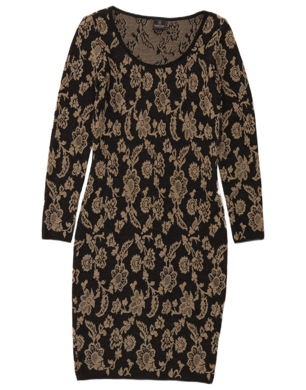 Abito aderente a maniche lunghe da donna Madeleine UK 8 Piccolo lana floreale nera