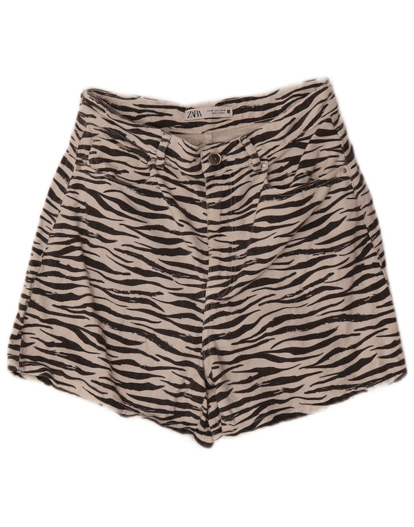 Pantaloncini di jeans a vita alta da donna Zara EU 40 medi W30 stampa animalier bianca