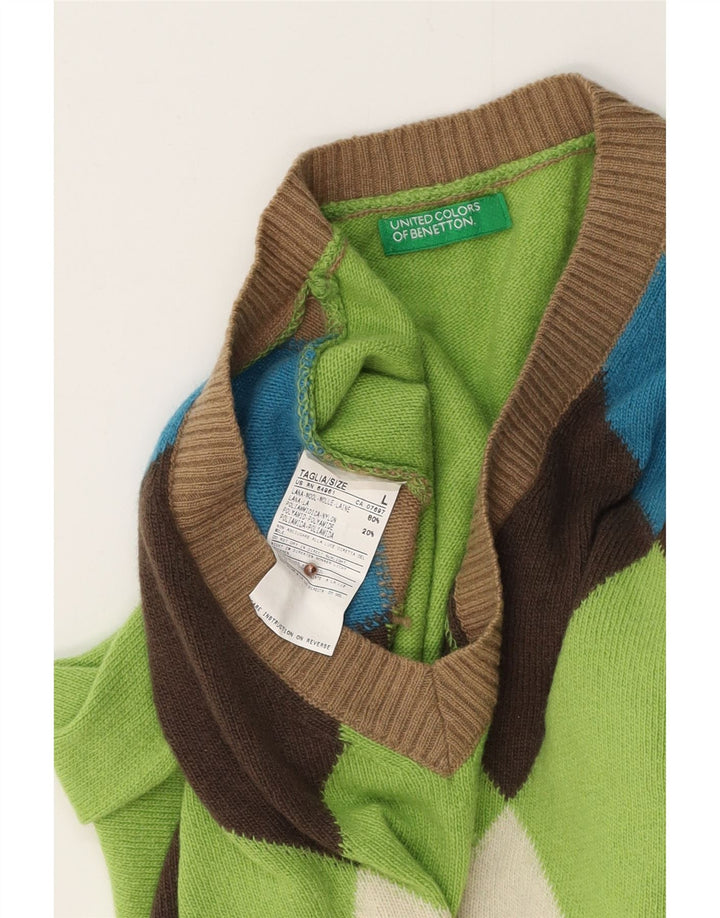 BENETTON Maglione da uomo con scollo a V grande lana verde a rombi/diamante