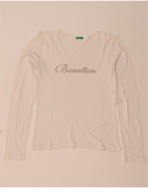 Top grafico da donna Benetton manica lunga UK 16 grande cotone bianco