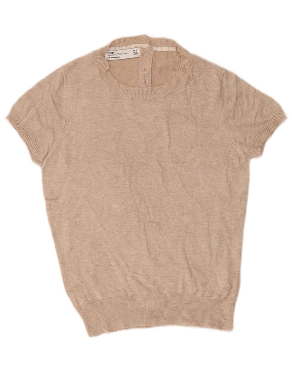 Maglione Zara da donna a maniche corte con scollo a barca UK 10 piccolo in viscosa beige