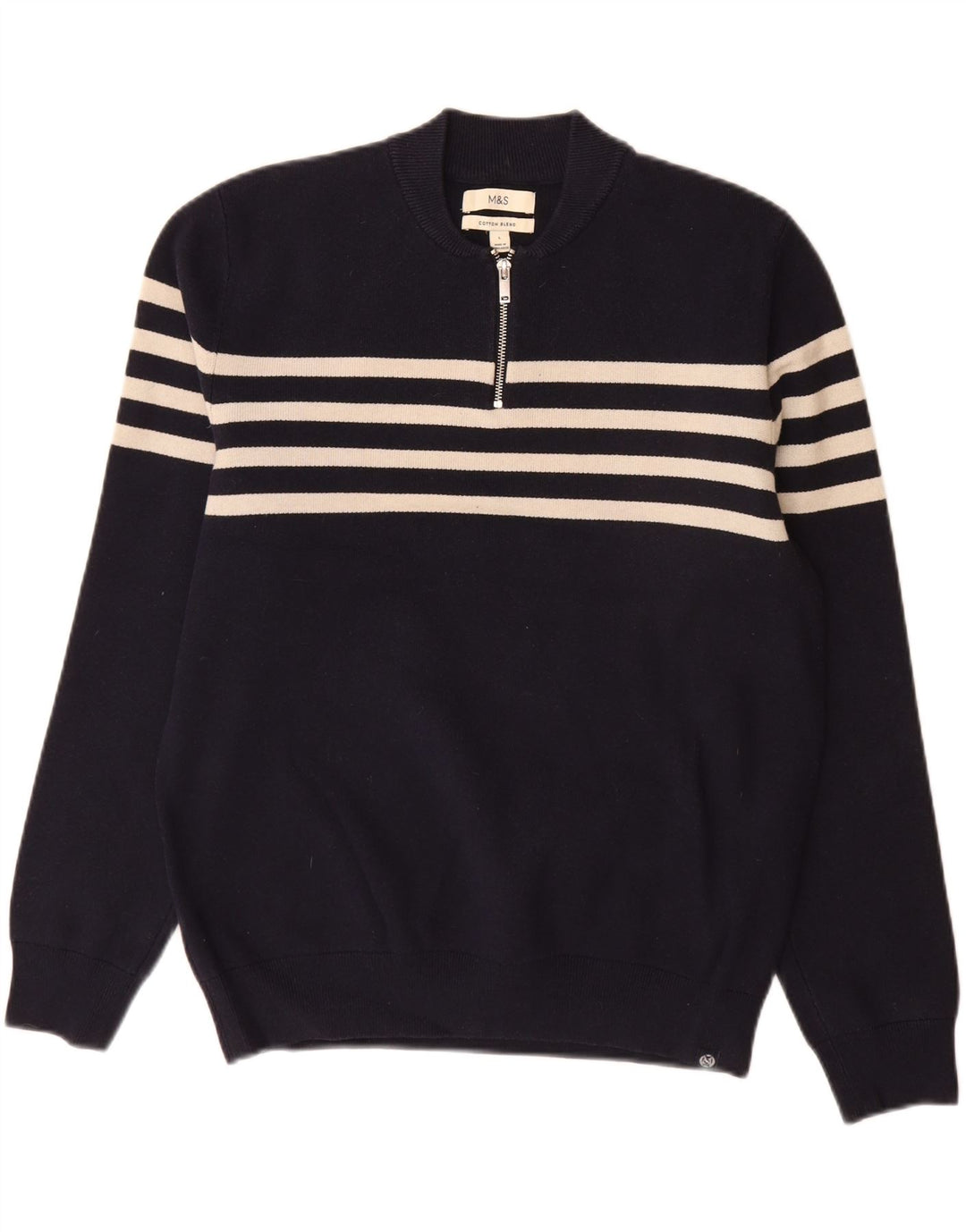 Maglione da uomo Marks & Spencer con zip e collo grande a righe blu navy
