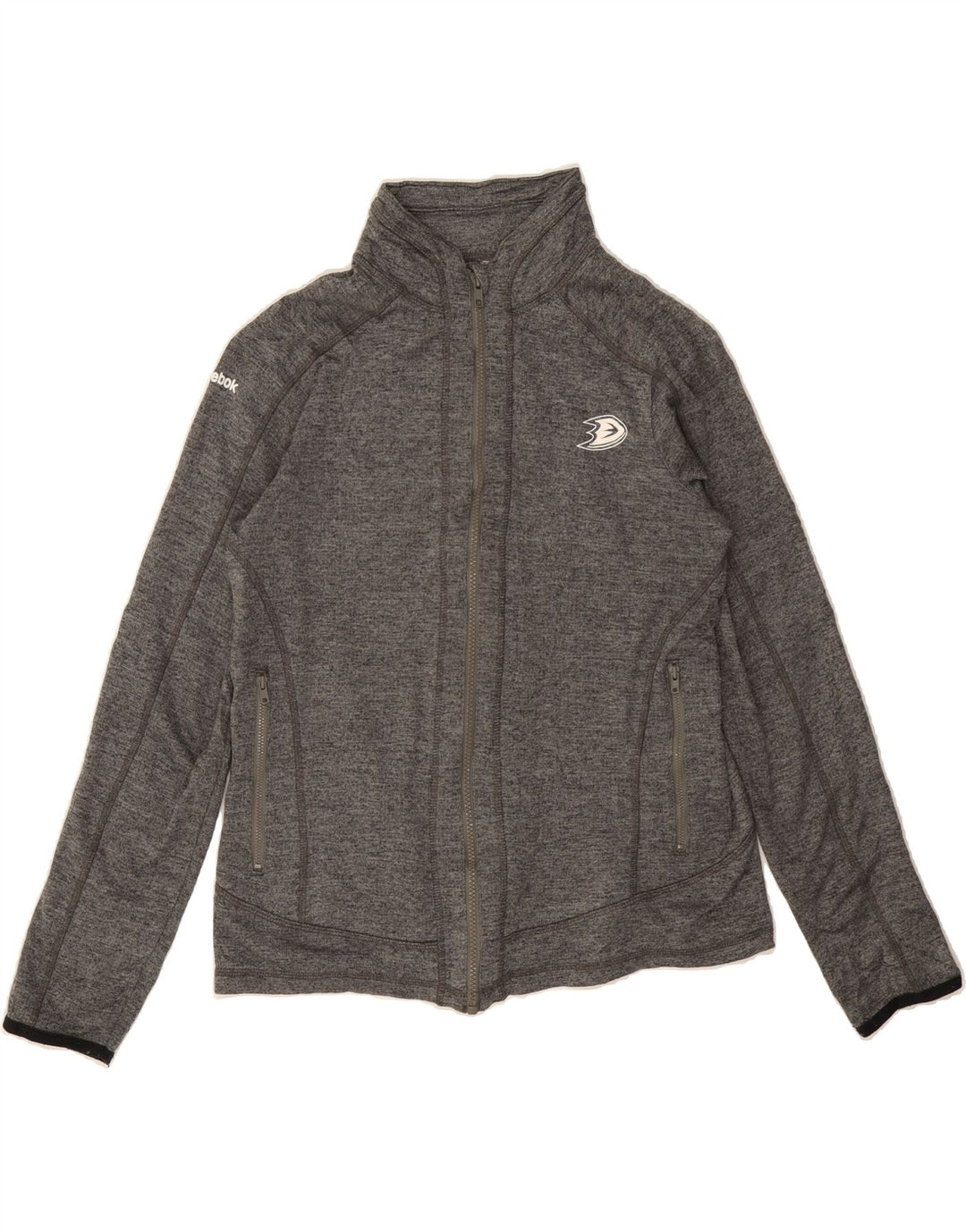 REEBOK Womens Graphic Tracksuit Top Jacket UK 14 Large Grey Flecked Vintage Reebok and Second-Hand Reebok from Messina Hembry 
