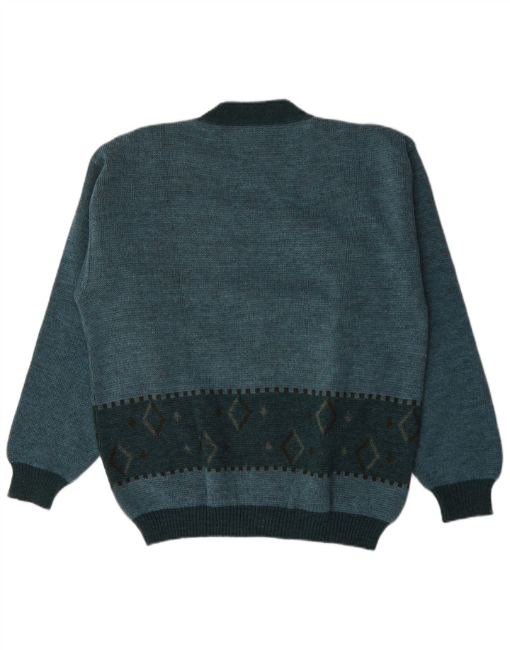 Maglione cardigan da uomo vintage in lana a rombi/diamanti turchese medio