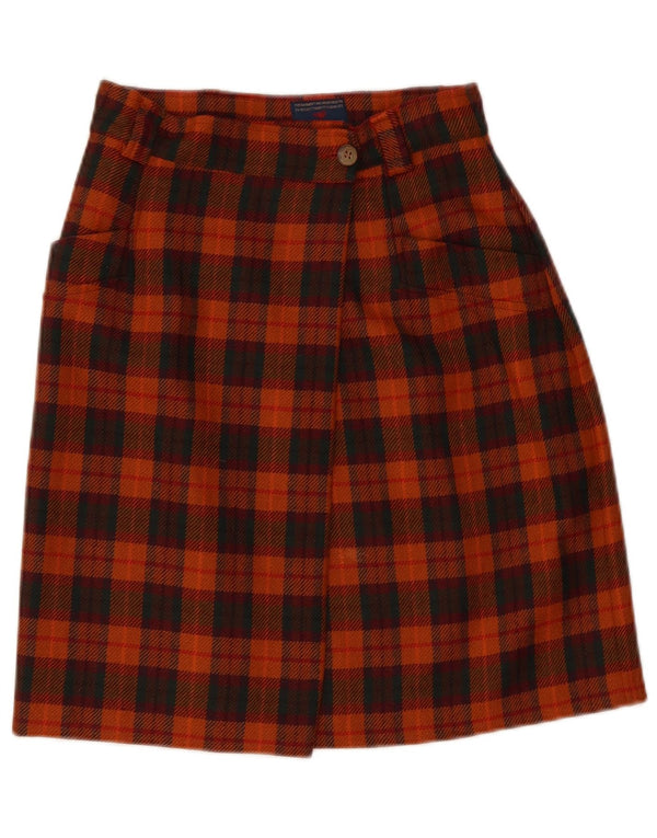 Gonna a portafoglio da donna vintage IT 42 media W28 lana a quadri arancione