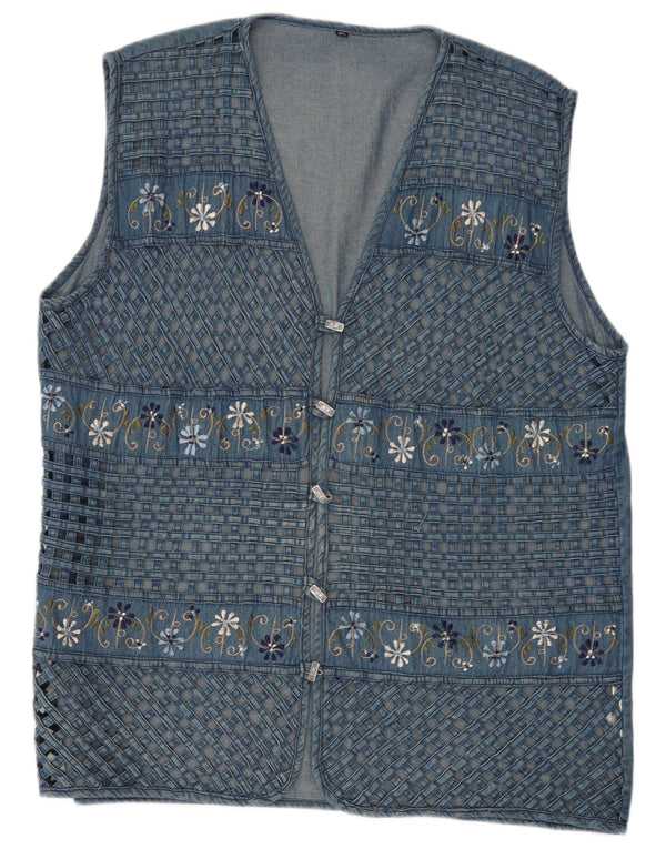 Gilet in denim vintage da donna UK 18 XL in cotone floreale blu