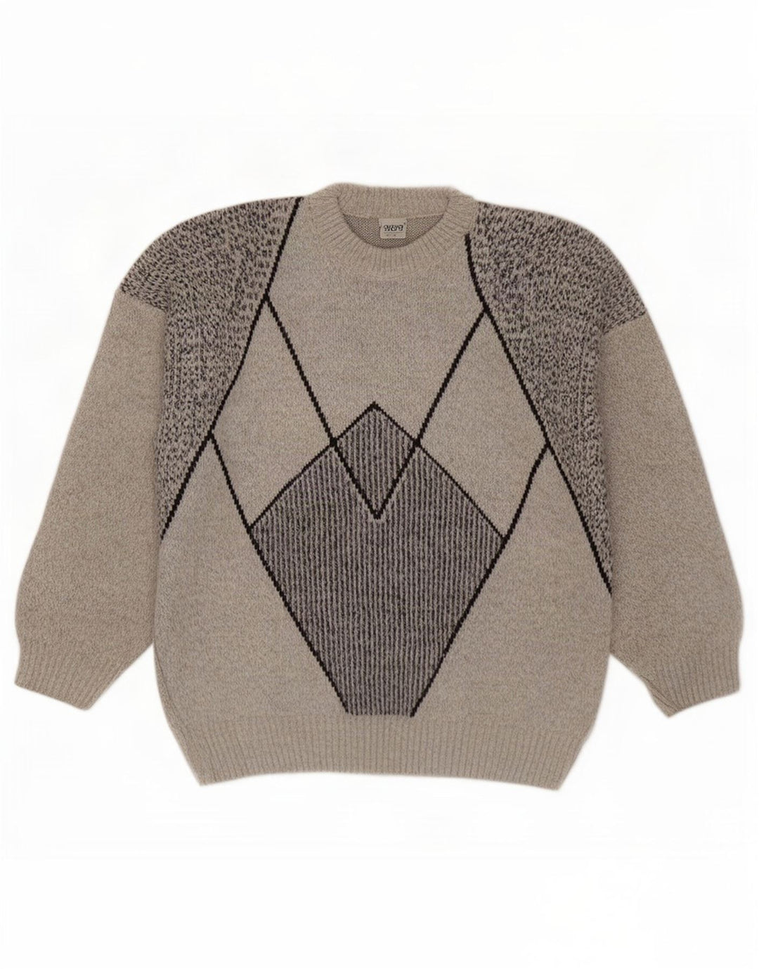 Maglione girocollo da uomo vintage in lana geometrica grigia grande