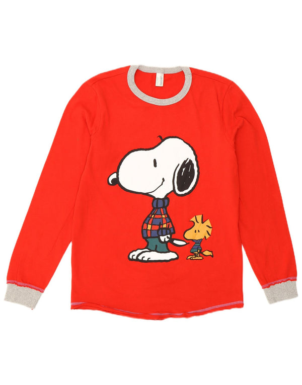 BENETTON Top grafico da donna Peanuts manica lunga UK 14 medio rosso cartone animato