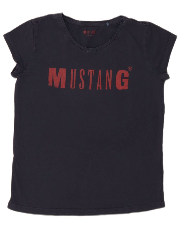 Mustang T-shirt grafica da donna Top UK 10 piccola in cotone blu navy