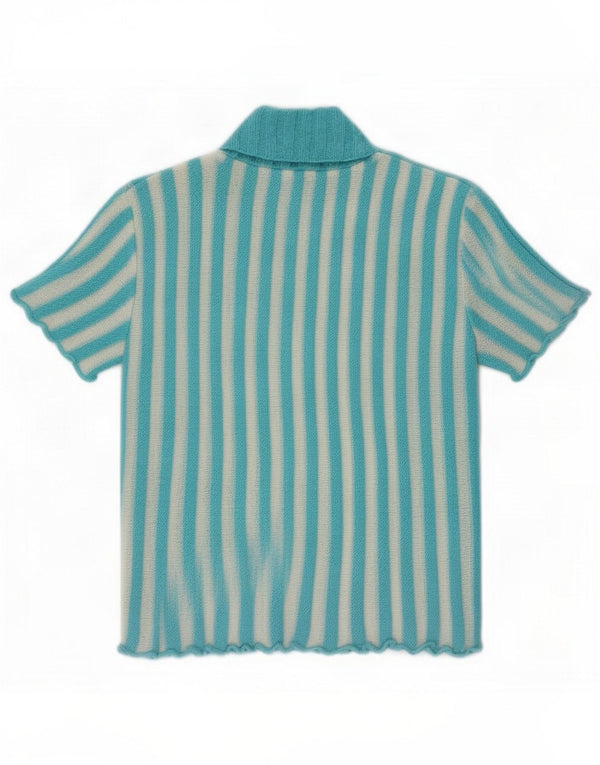 Maglione vintage da donna a maniche corte con collo alto e collo alto UK 6 XS a righe blu