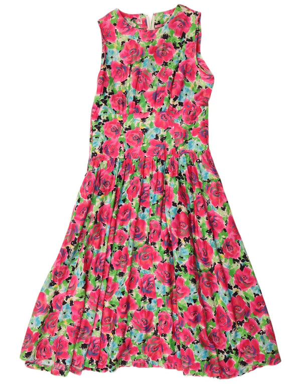Abito lungo senza maniche da donna vintage UK 14 Cotone floreale rosa medio