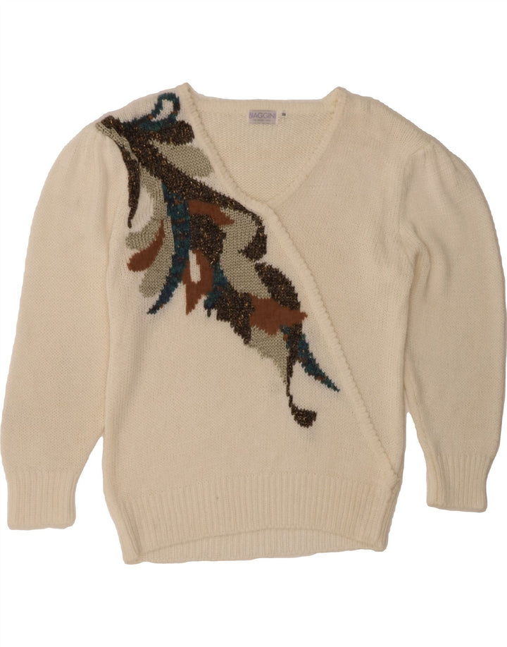 BIAGGINI Womens V-Neck Jumper Sweater EU 38 Medium White Floral Vintage Biaggini and Second-Hand Biaggini from Messina Hembry 