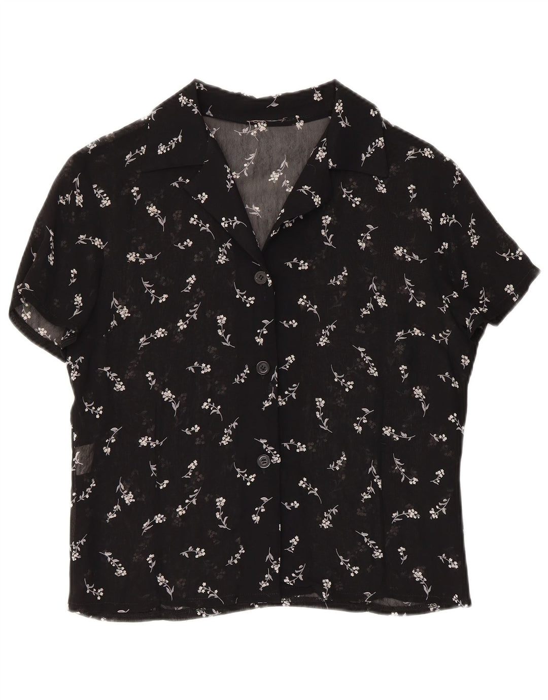 Camicetta da donna vintage trasparente con camicia trasparente UK 12 media nera floreale
