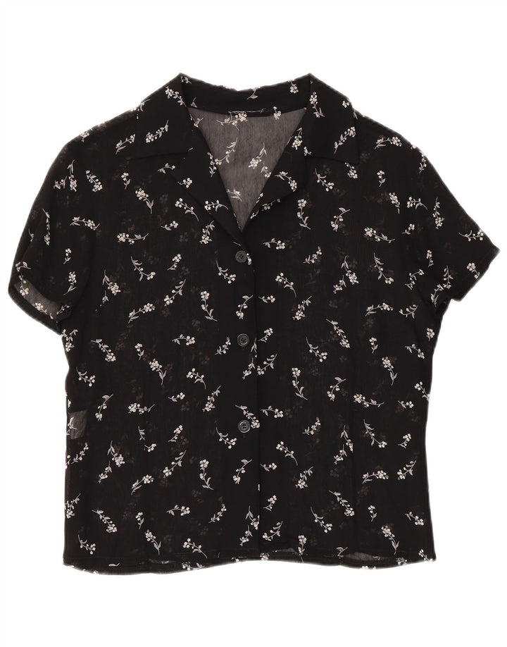 Camicetta da donna vintage trasparente con camicia trasparente UK 12 media nera floreale