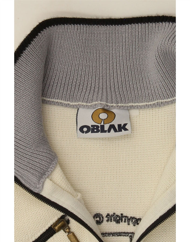 Maglione cardigan grafico da donna vintage UK 10 piccolo bianco sporco