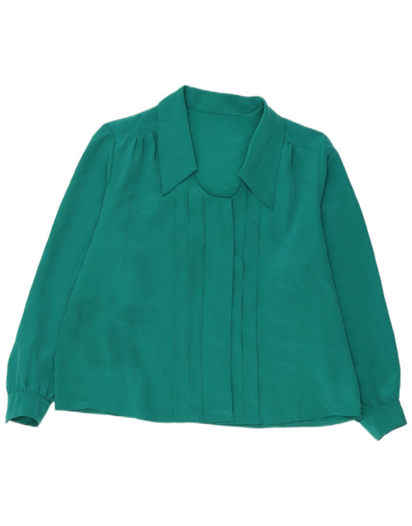 Camicetta camicia a maniche lunghe da donna vintage UK 18 XL poliestere verde