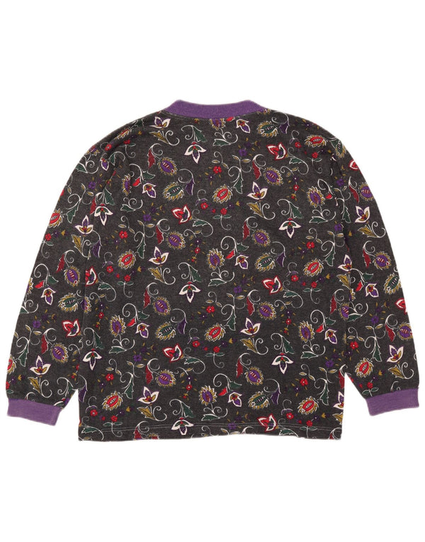 Maglione da donna vintage con collo a bottoni, UK 16, grande angora floreale grigio