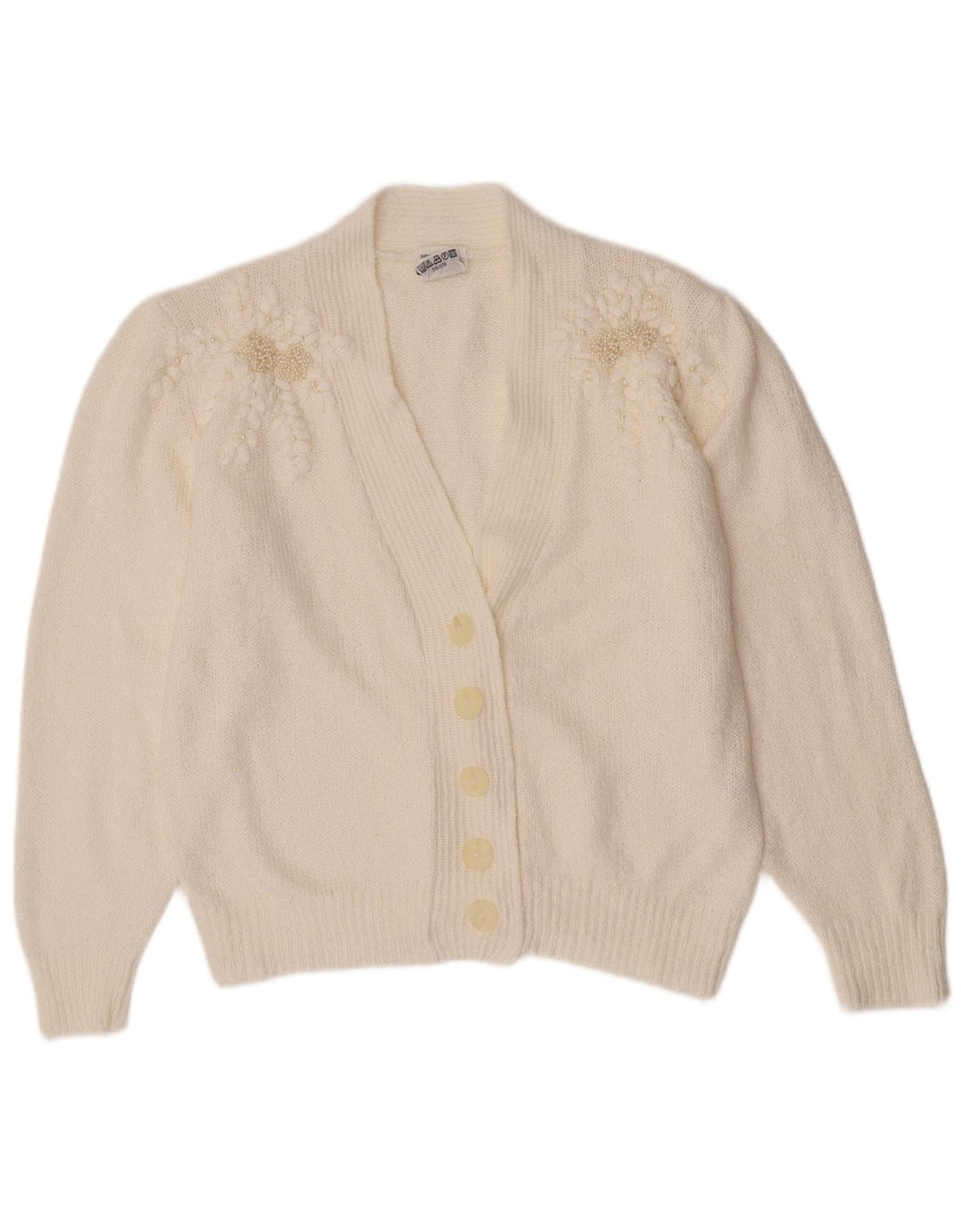 Maglione cardigan da donna vintage IT 46 grande acrilico bianco