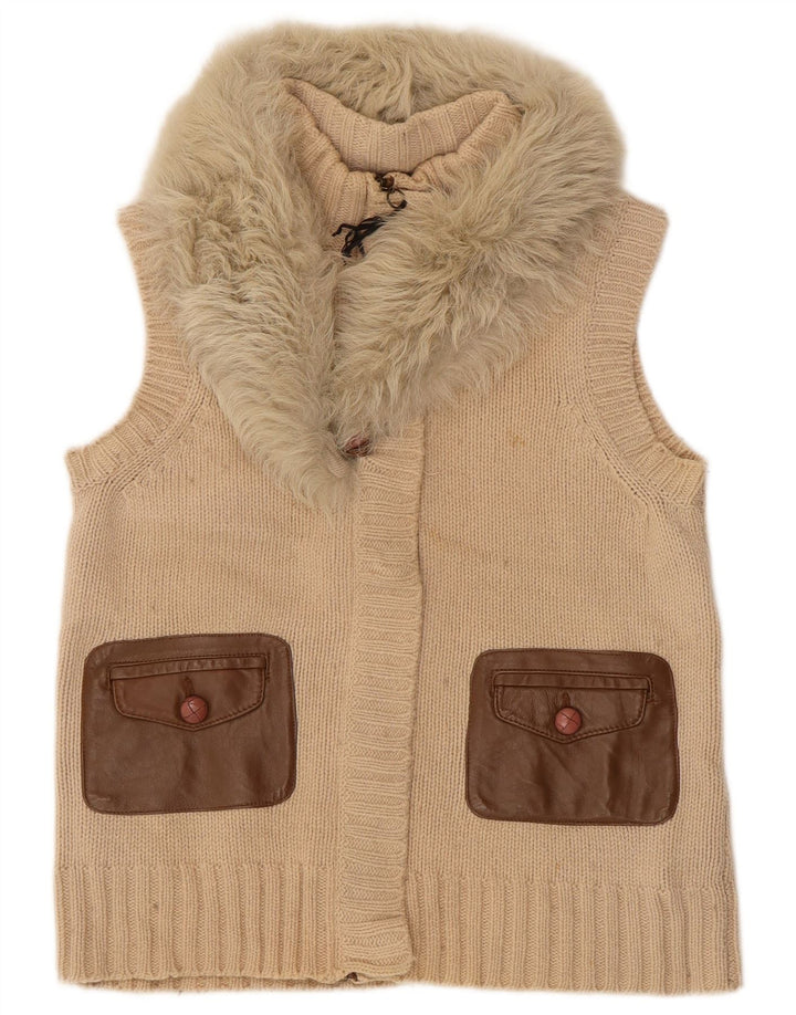 MASSIMO DUTTI Maglione cardigan senza maniche da donna UK 14 Large Beige Lana