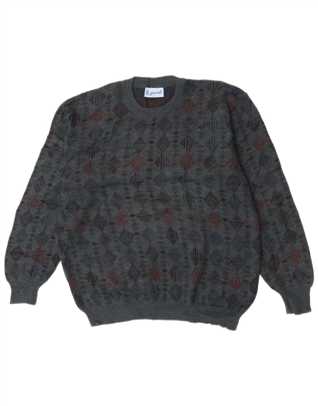 Maglione maglione girocollo da uomo vintage in lana vergine geometrica blu medio