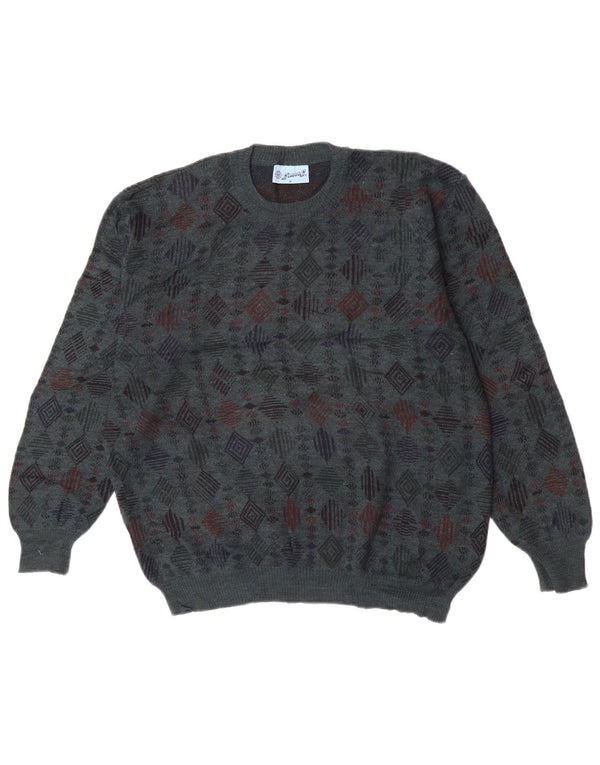 Maglione maglione girocollo da uomo vintage in lana vergine geometrica blu medio