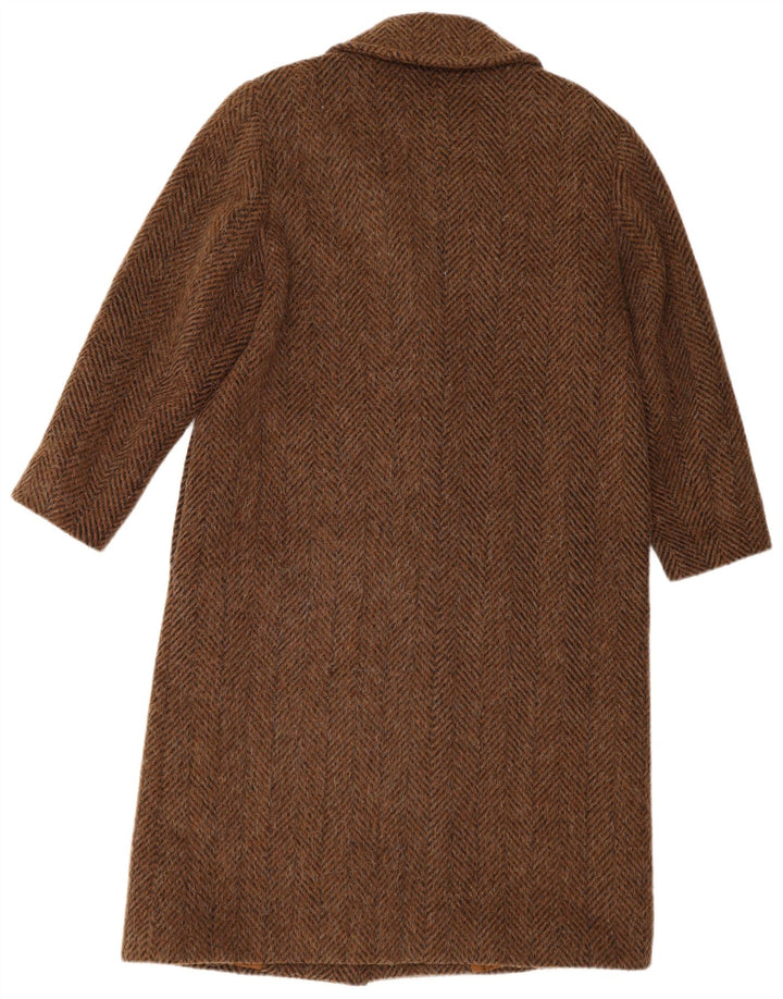 Cappotto doppiopetto vintage da donna UK 14 grande lana a spina di pesce marrone