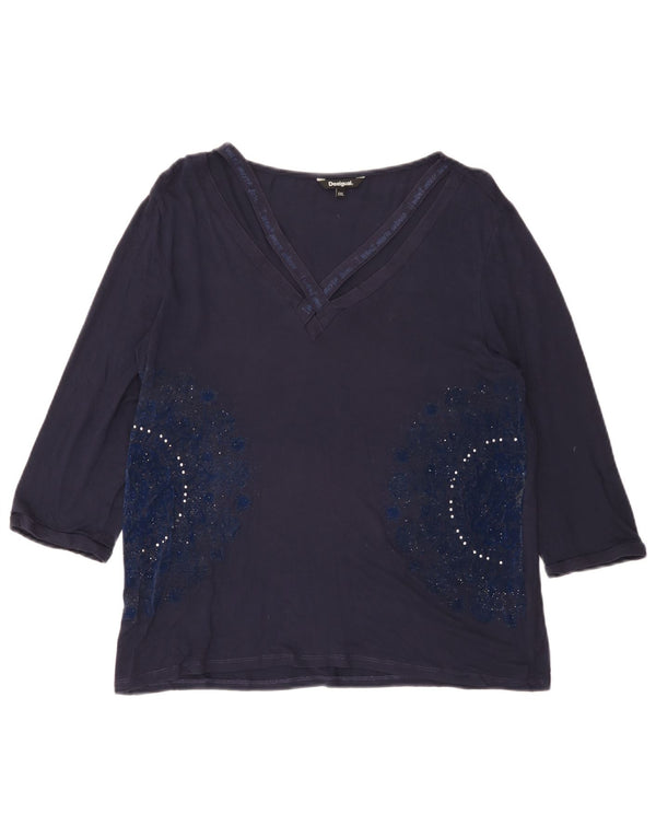 DESIGUAL Top grafico da donna manica 3/4 UK 20 2XL viscosa floreale blu navy
