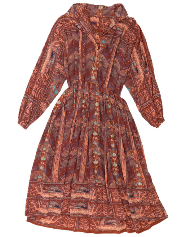 Abito lungo da donna vintage con motivo astratto UK 14 medio multicolore