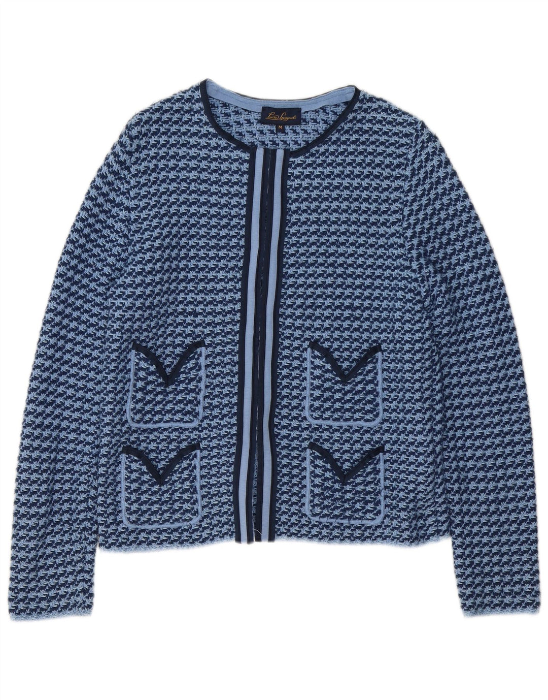 Luisa Spagnoli maglione cardigan aperto da donna UK 12 pied de poule blu medio