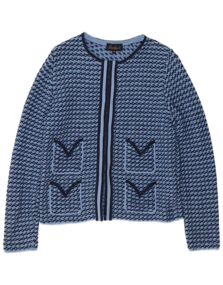 Luisa Spagnoli maglione cardigan aperto da donna UK 12 pied de poule blu medio