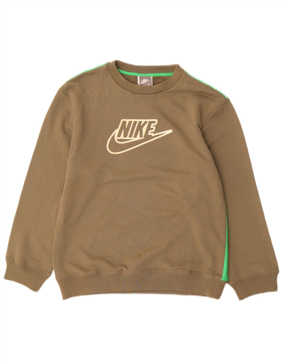 NIKE Boys Graphic Sweatshirt Jumper 12-13 Years Large Khaki Colourblock