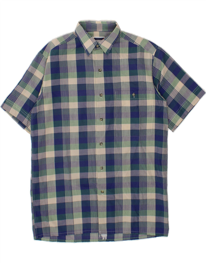 VAN HEUSEN Mens Short Sleeve Shirt Medium Blue Check Cotton Vintage Van Heusen and Second-Hand Van Heusen from Messina Hembry 