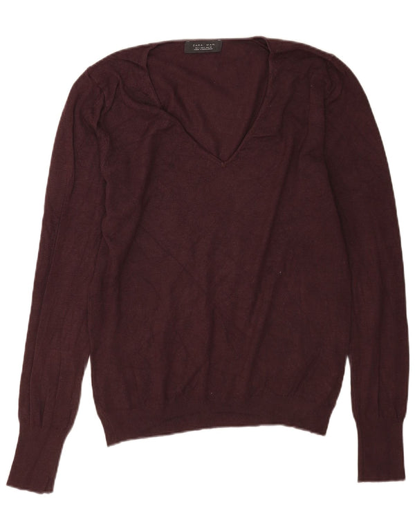 Zara Mens V-Neck Jumper Sweater Large Brown Viscose