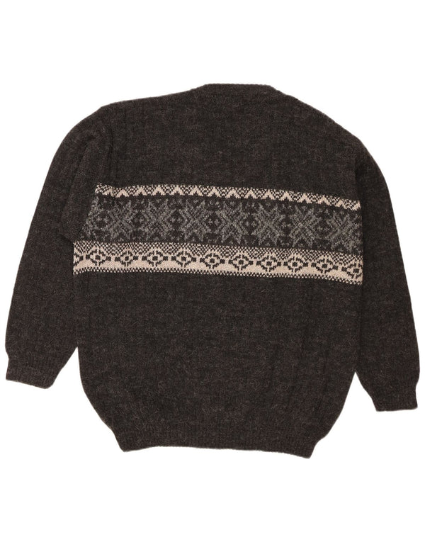 Maglione vintage da uomo con scollo a V XL in lana Fair Isle grigia