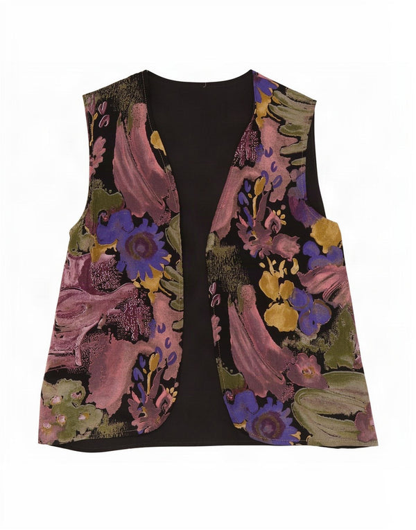 Gilet APERTO da donna vintage UK 16 Grande floreale multicolore