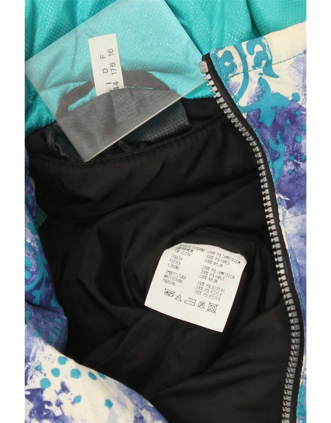 Tuta da sci vintage da donna oversize con cappuccio grafico IT 44 medio turchese