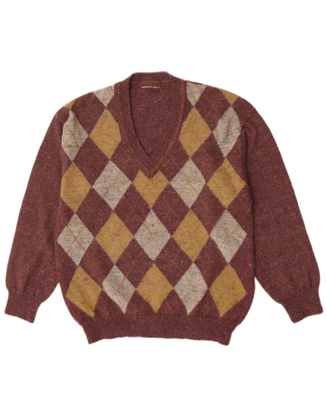 Maglione vintage da uomo con scollo a V, bordeaux medio, a rombi/diamante