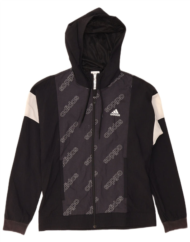 Giacca antipioggia con cappuccio grafica da donna Adidas UK 8/10 Small Black Colourblock