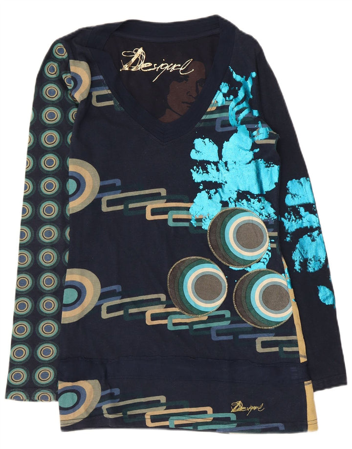 Desigual Donna Graphic Top Manica Lunga UK 10 Small Blu Navy