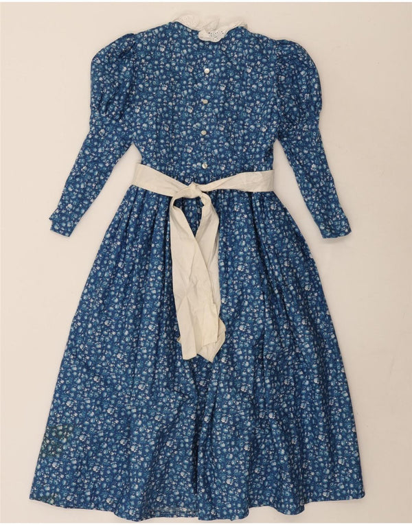 Abito maxi a maniche lunghe da donna vintage UK 10 piccolo floreale blu