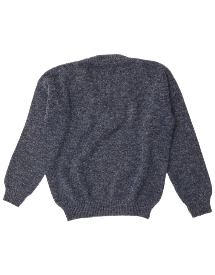 Maglione vintage da uomo con scollo a V medio blu navy geometrico