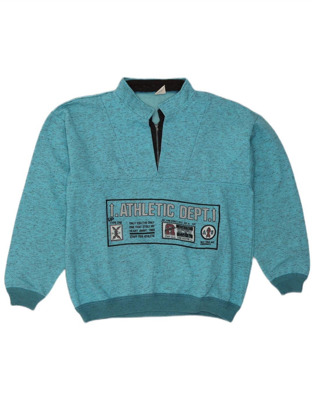 Felpa vintage da uomo con collo con zip grafica, maglione grande blu screziato