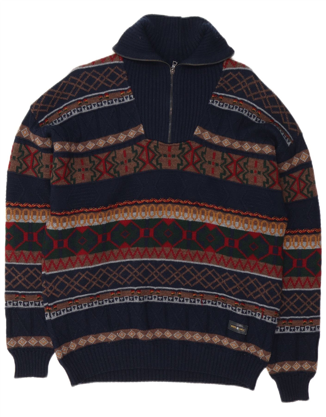 Maglione da uomo con zip sul collo di White Sails, grande lana Fair Isle blu navy
