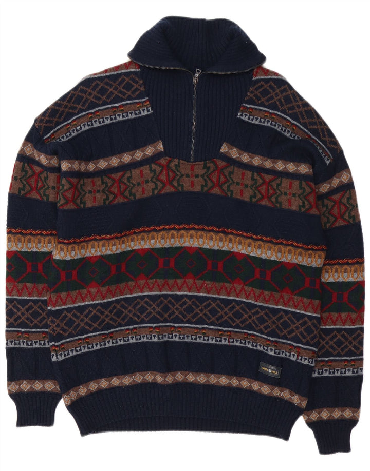 Maglione da uomo con zip sul collo di White Sails, grande lana Fair Isle blu navy