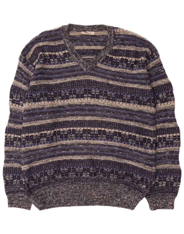 Rodes Maglione da uomo con scollo a V in cotone a righe medie blu navy