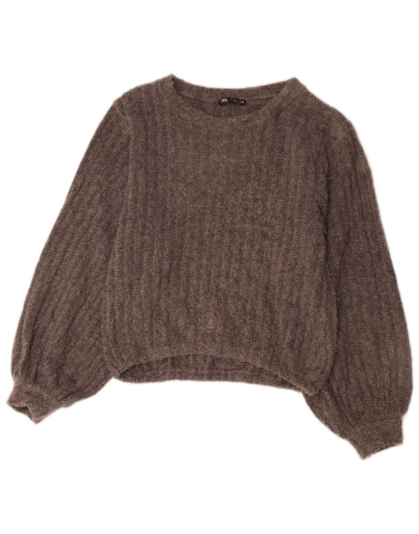 Maglione corto con scollo a barca da donna Zara UK 14 Poliestere grigio medio