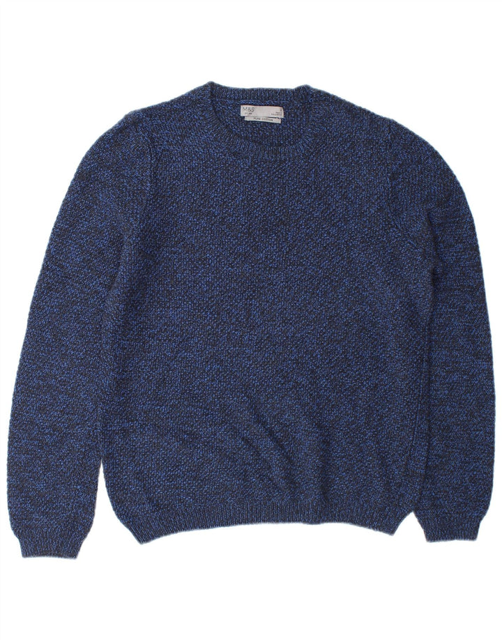 Maglione maglione girocollo da uomo Marks & Spencer piccolo cotone screziato blu