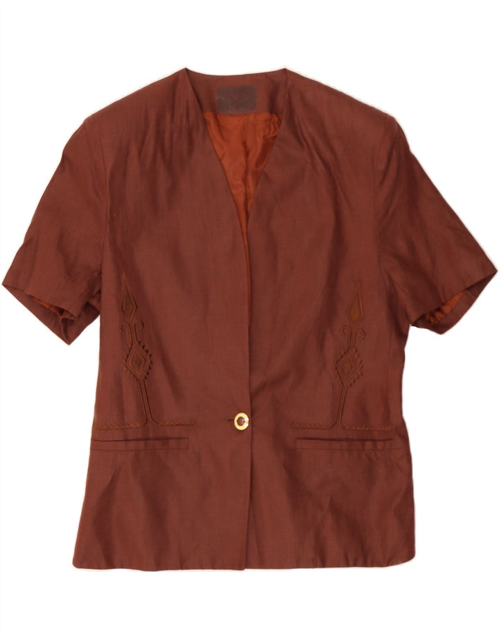 VINTAGE Womens Short Sleeve 1 Button Blazer Jacket UK 16 Large Brown Linen Vintage Vintage and Second-Hand Vintage from Messina Hembry 