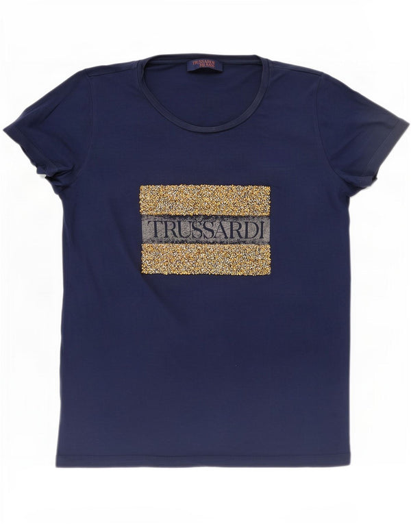 T-shirt grafica da donna Trussardi Jeans Top UK 16 Large in cotone blu navy
